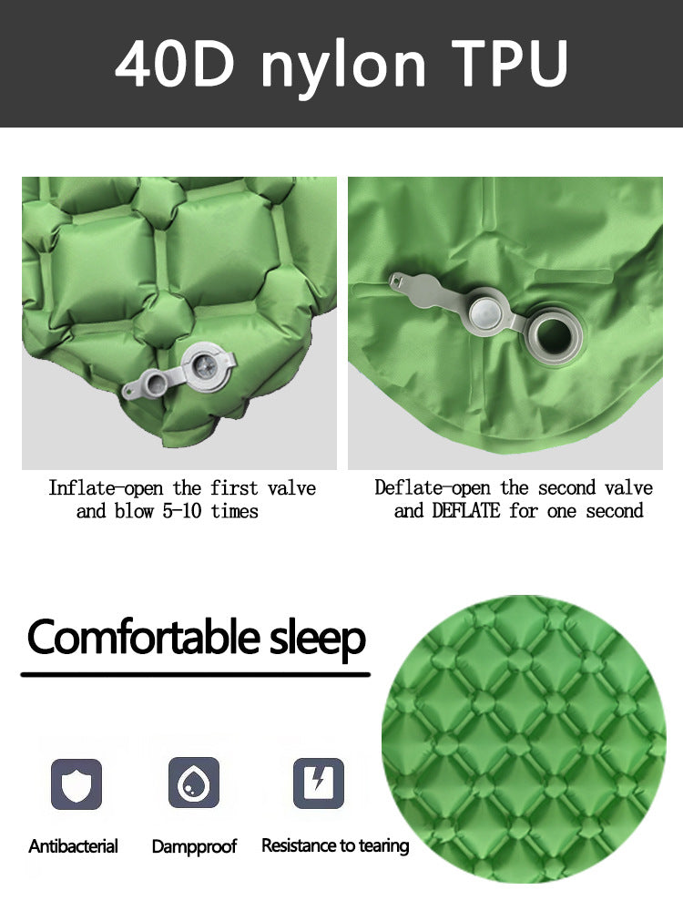 2pc Ultralight Inflatable Camping Sleeping Mat with Integrated Pillow - Waterproof 40D Nylon TPU(Army Green)