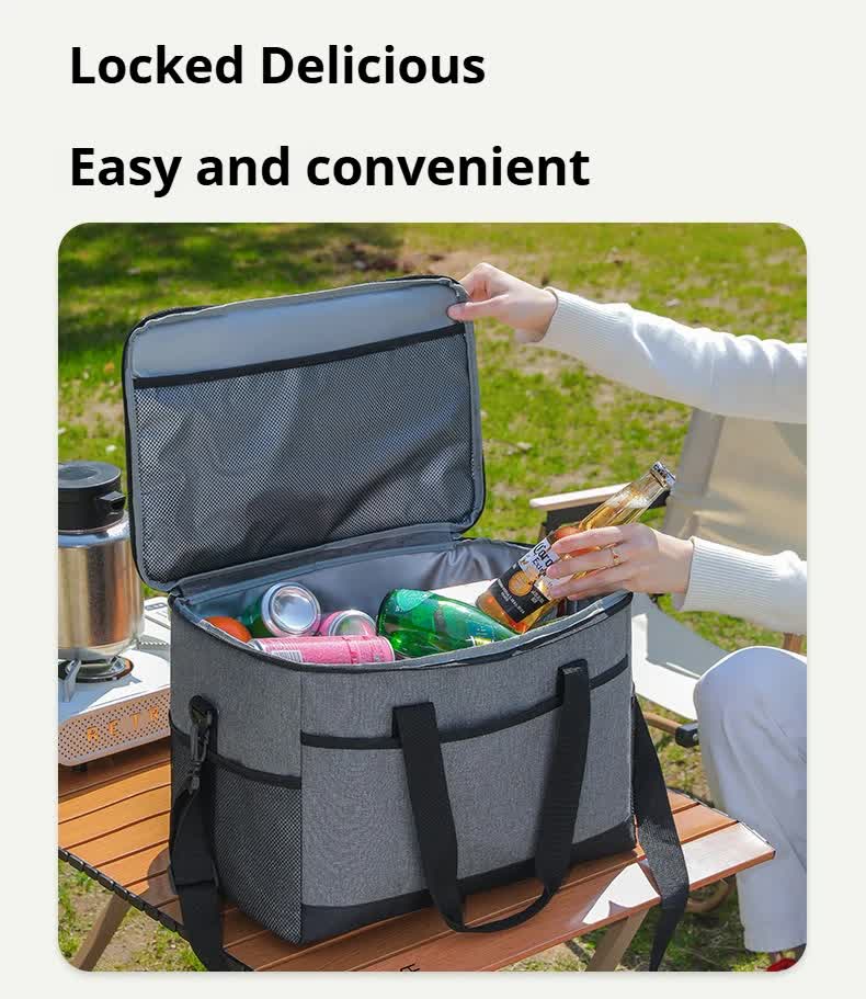 Large 35L Insulated Cooler Bag Soft Sided Leakproof Thermal Tote for Camping Beach Picnic BBQ Heavy Duty Grocery Carrier Grey